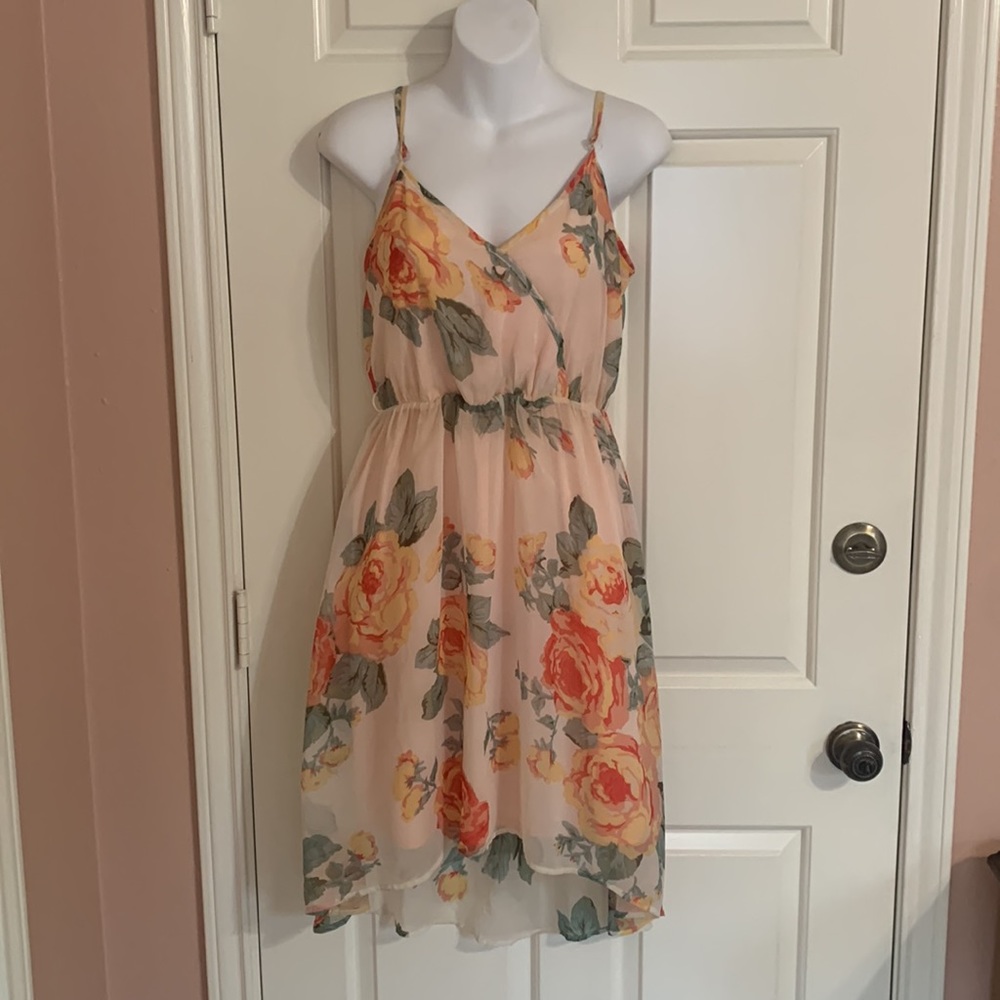Emmelee Rose Print High Low Spaghetti Strap Dress